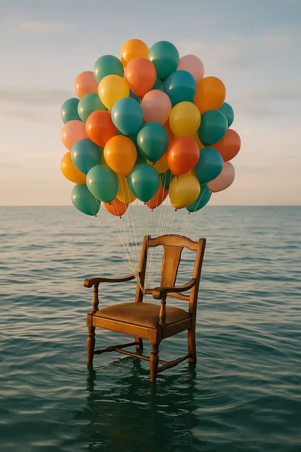 A chair held up by balloons over the ocean — representing ungoverned AI drifting without control or accountability