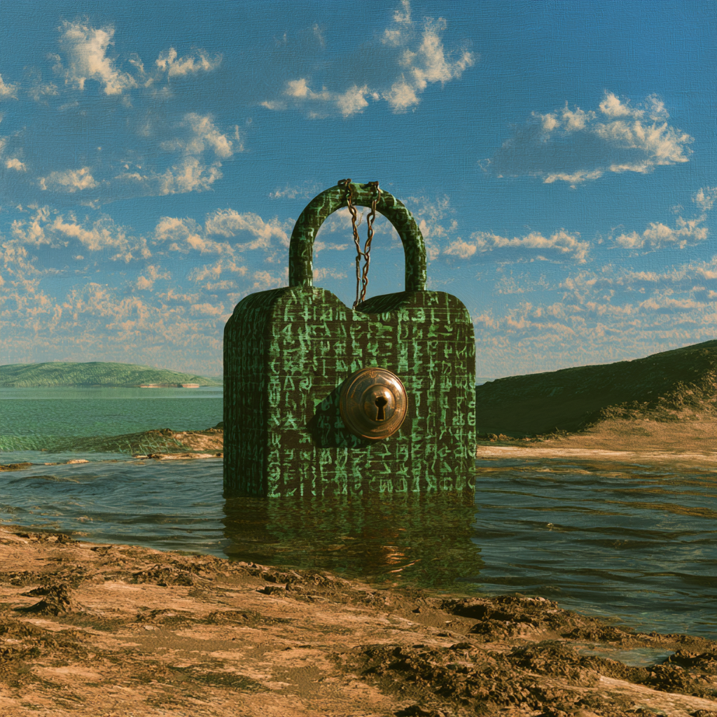 Surreal illustration of data being secured, in the style of Dali